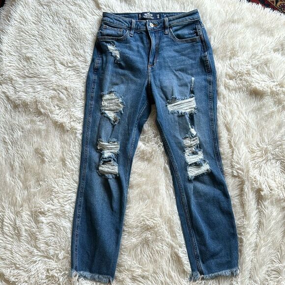 Hollister Curvy High Rise Mom Jeans Distressed Cropped Jeans Size 3 3S Short - Picture 1 of 5